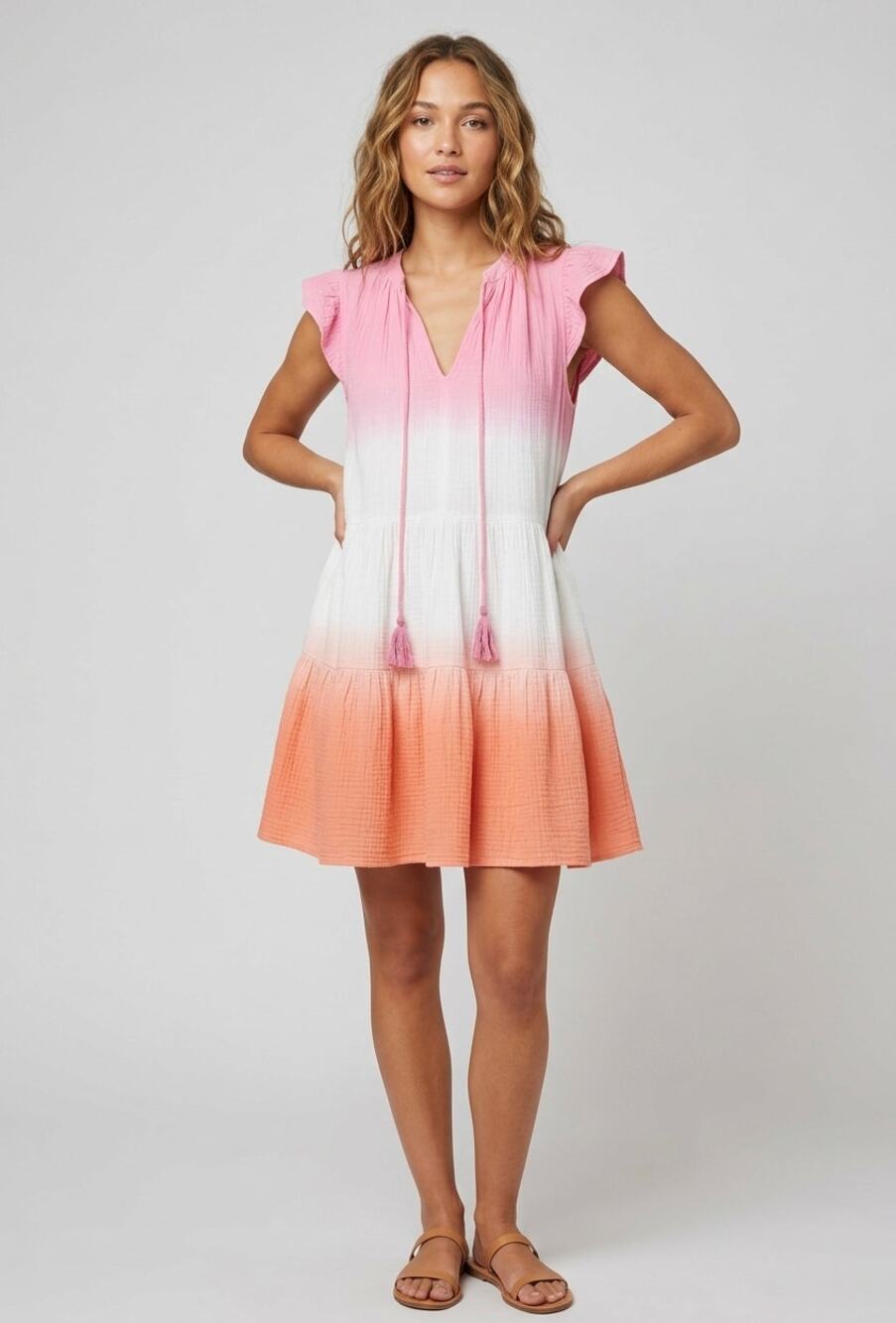 Fate Ombre Tiered Mini Dress Large Pink White Orange Hobo Summer Beach Relaxed